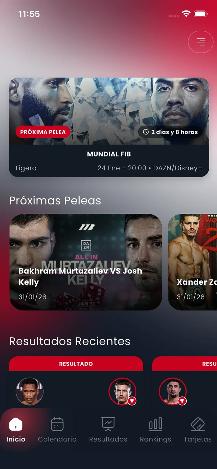 Indiscutido mobile app interface for boxing fans